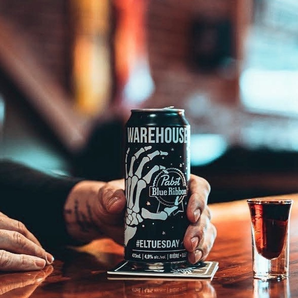 Custom Warehouse x Pabst Blue Ribbon beer can featuring skeleton hand artwork.