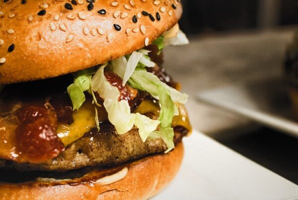 Juicy sesame-seed bun burger with cheddar, lettuce, tomato, and sauce served at El Furniture Warehouse.