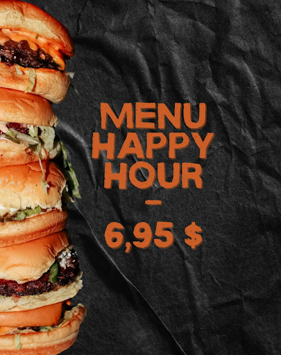 Stack of juicy burgers beside bold text promoting Warehouse's $6.95 Happy Hour menu on a black textured background.