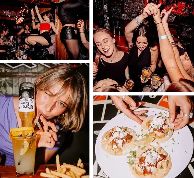 A collage of four images depicting a vibrant nightlife scene with people dancing, drinking, and enjoying food.