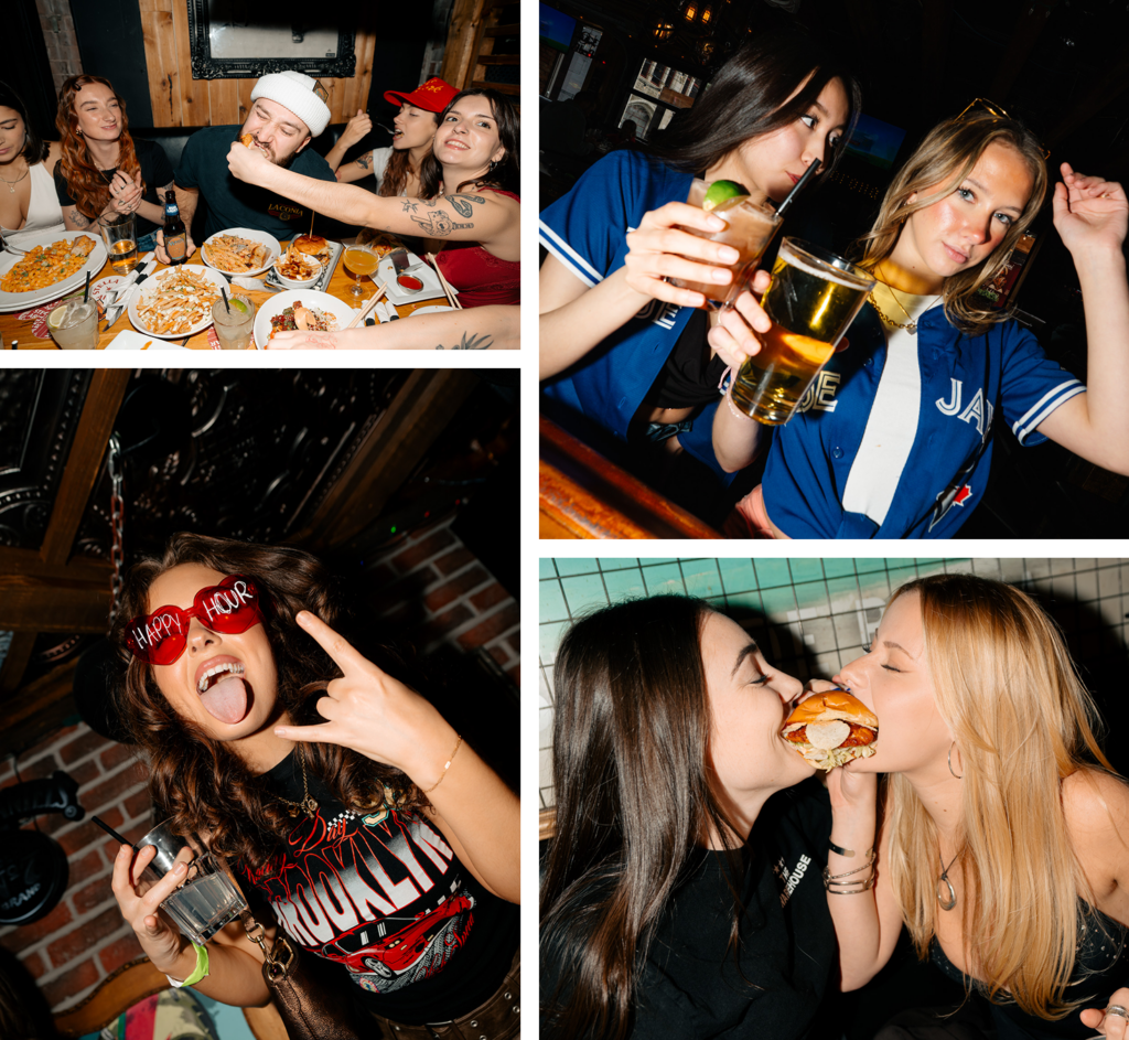 Collage of friends enjoying food, drinks, burgers, and happy hour moments at Warehouse.